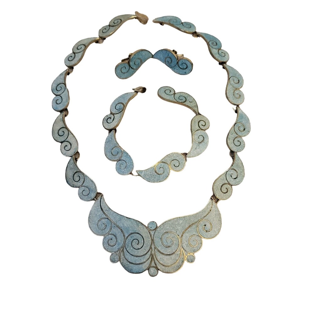 Vtg Mexican Taxco Sterling Silver Crushed Stone Necklace Bracelet Earring Set